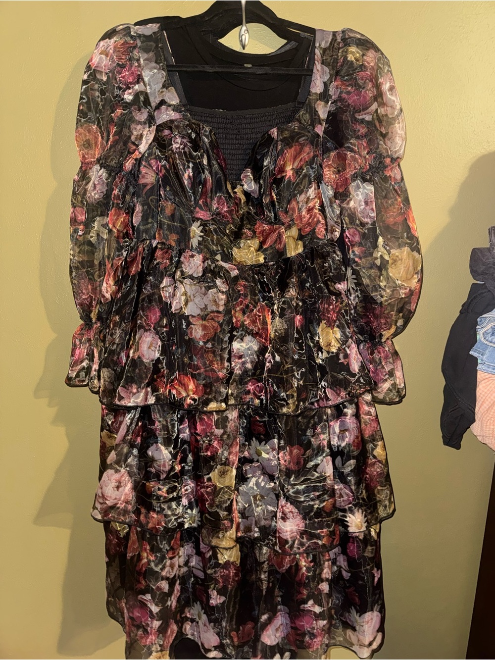SHEIN Black Floral Tiered Sheer Puff Sleeve Dress